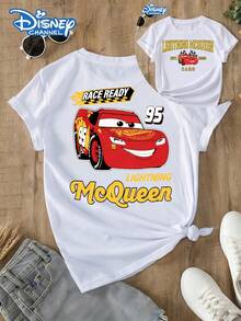 Women's Casual White Lightning McQueen Graphic Print Short Sleeve T-Shirt, Round Neck Cotton Tee With Slight Stretch, Disney Cars Theme Top For Everyday Wear - 白色 - 查看 1