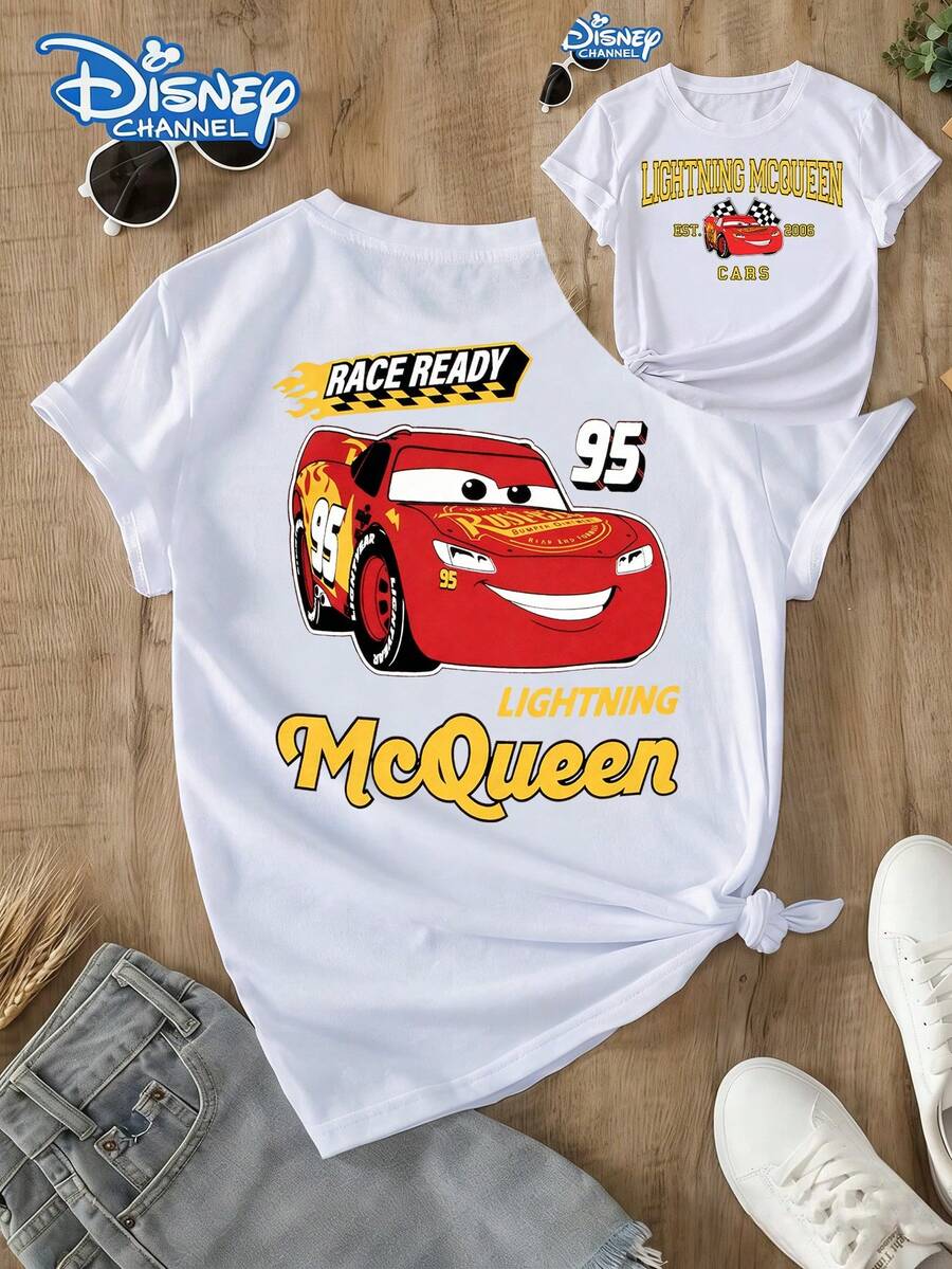 Women's Casual White Lightning McQueen Graphic Print Short Sleeve T-Shirt, Round Neck Cotton Tee With Slight Stretch, Disney Cars Theme Top For Everyday Wear - 白色 - 查看 1