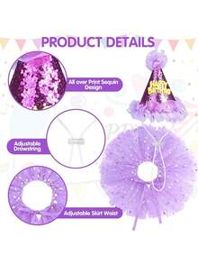3pcs Dog Birthday Headband Set, Includes Hat And Dress, Suitable For Dog Birthday Party, Cute Tutu Dress Set For Small, Medium And Large Dogs - Purple - View 5