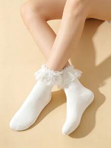 2pairs Cute Simple Lace Trim Mid-Calf Socks, Comfortable Material, For Daily Home & Outdoor Wear - White - View 5