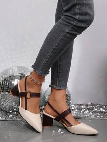 Beige Pointed Toe High Heel Mules With Buckle Strap And Hollow-Out Design, Elegant Office Slip-On Casual High Heel Pumps - Beige - View 5