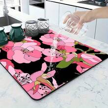 1pc Kitchen Counter Crimson Sakura Bloom Pattern Absorbent Non-Slip Coaster, Heat Resistant Tabletop Decoration For Coffee Bar, Home - Pink and White Checkered Pattern - View 4