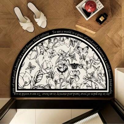 Non-Slip Semi-Circular Floral Bath Mat With Inspirational Quote - Made Of Soft And Durable Polyester And Rubber Blend Fabric, Black And White Design, Suitable For Modern Home Decor, Bathroom Carpet, Bathroom Mat