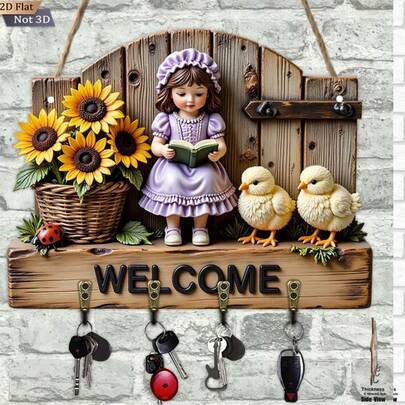 1 pieza Soporte de llaves de madera multiusos con forma plana de girasol 2D, con 4 ganchos de metal, decoración de pared, porche, habitación, villa, decoración del hogar, decoración plana de Navidad 2D