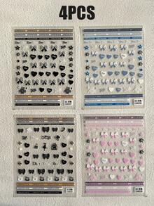 4pcs 3D Embossed Bow Nail Stickers, New Fashion Text Nail Stickers, Retro Y2K Style Nail Art Decals For Women, Girls, DIY Wedding, Valentine's Day - A - View 6