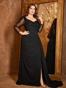 UNITHORSE Sweetheart Collar Sequins Embroidered Mesh Patchwork Long Sleeve Ruched Extra Long Flowing Formal Evening Gown - Black - View 3