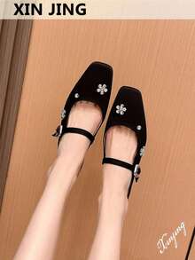 Xin Jing Shoes Women's Flat Shoes, Fashion Versatile Rhinestone Flower One-Strap Flat Heel Commuting Loafers - Black - View 2