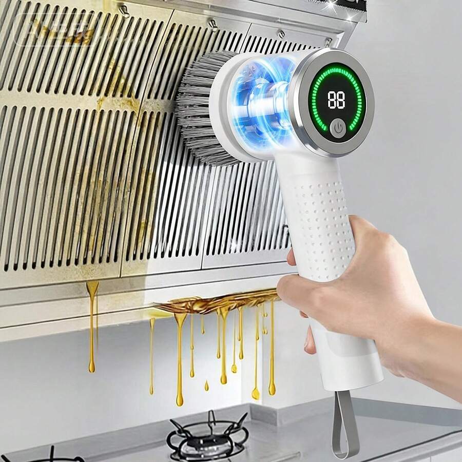 Bàn chải vệ sinh xoay sạc điện, bàn chải điện không dây dùng để làm sạch gạch lát phòng tắm và nhà bếp với màn hình LED, 2 chế độ tốc độ, 7 đầu làm sạch thay thế, tay cầm có thể điều chỉnh và tháo rời, dung lượng pin: 2000mAh.