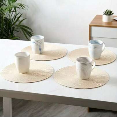 1/4/6pcs 15 Inch Ivory Round Woven PP Placemats, Washable Non-Slip Dining Table Mats, High Quality Woven Home Decor Coasters For Dining Room, Kitchen, Farmhouse Style, Christmas & New Year Party Decoration