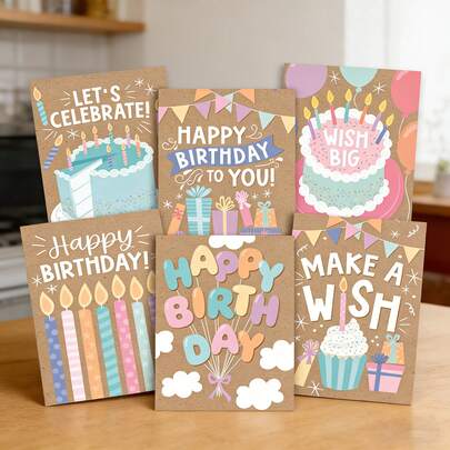 12pcs Birthday Greeting Cards With Envelopes, 6 Unique Text Designs With Colorful Illustrations. Suitable For Sending To Mom, Dad, Friends, Classmates, Boys, Girls. Applicable For Birthday, Graduation Party, Celebration, Mother's Day, Thank You Cards. High-Quality Paper Material.