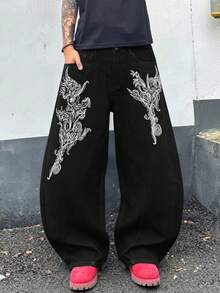 1 chiếc quần jeans ống loe dáng rộng in họa tiết Gothic cổ điển, quần jeans ống phồng phong cách đường phố cá tính, phù hợp mặc hàng ngày, ở nhà và du lịch, unisex. - màu đen - Xem 5
