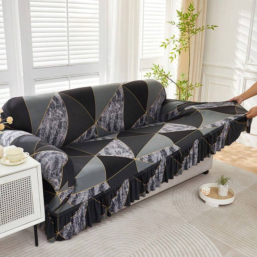 1 tấm bọc ghế sofa in hình thoi, kiểu váy, có chun co giãn, bảo vệ ghế sofa đa năng dùng được cả bốn mùa, bọc ghế sofa nguyên khối với đường viền xếp ly, phù hợp với ghế sofa 1/2/3/4 chỗ ngồi cho phòng ngủ, văn phòng, phòng khách, ngoài trời, trang trí nhà cửa. - màu đen - Xem 1