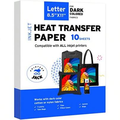 Iron-On Heat Transfer Paper For Dark Fabric 10 Pack 8.5"X11" T-Shirt Transfer Paper For Inkjet Printer Wash Durable Long Lasting Transfer No Cracking