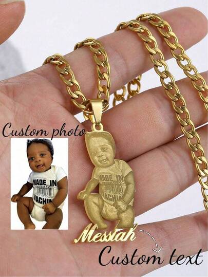 Customized Engraved Photo Necklace, Classic Stainless Steel Gold 5mm Thick Chain Pendant, Personalized Handwritten Font, Unisex Memorial Necklace, Wedding Jewelry, Unique Gift, Anniversary Gift For Wife, Fun Christmas Gift, Gold, Fashion, Minimalist, Customized, Personalized, Unique, Ideal Gift For Him, Ideal Gift For Her, Suitable For Anniversary, Back To School, Office, Silver Fashion