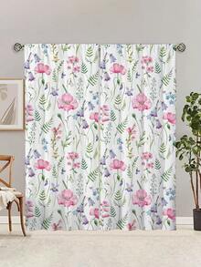 2 piezas de Cortinas con estampado de flores rosas, sin ojales, para dormitorio, oficina, cocina, sala de estar, estudio, decoración del hogar - Multicolor - Ver 2