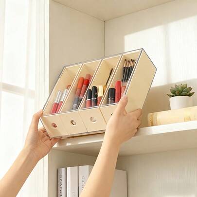 1 pieza Organizador de escritorio transparente de 4 compartimentos. Caja de almacenamiento tipo cajón apilable, soporte para rotuladores. Contenedor de almacenamiento multifuncional para maquillaje, cosméticos, cuidado de la piel, gafas, accesorios para el cabello. Útiles escolares