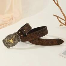Vintage Western Cowboy Style Bull Head Buckle Brown PU Printed Decorative Belt, Fashion Punk Floral Print Bohemian PU Leather, Suitable For All Seasons - Bull Head - View 3