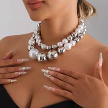 2件套欧美跨境珠宝，时尚夸张个性化银球珍珠项链，ins风拼接性感酷女孩风格颈链 - 2件套裝 - 查看 4