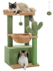 PAWZ Road 33'' Cactus Cat Tree, Cat Tower For Indoor Cats With Large Cat Condo, Cat Scratching Post For Cats With Deep Hammock& Cozy Top Perch, Green - 綠色 - 查看 9