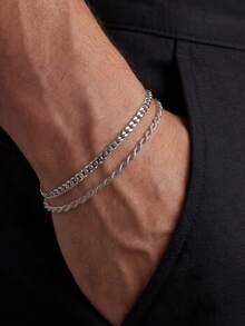 2条装不锈钢手链，简约设计，可调节尺寸，适合男士日常佩戴 - 銀色 - 查看 2