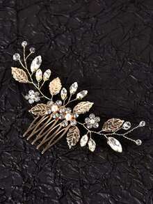 1pc Silver-Color Handmade Leaf & Side Comb Hair Accessory Bridal Wedding Party Royal, School Stuff, College, Hair Accessories, Accessories, Bridesmaid - 金子 - 查看 3