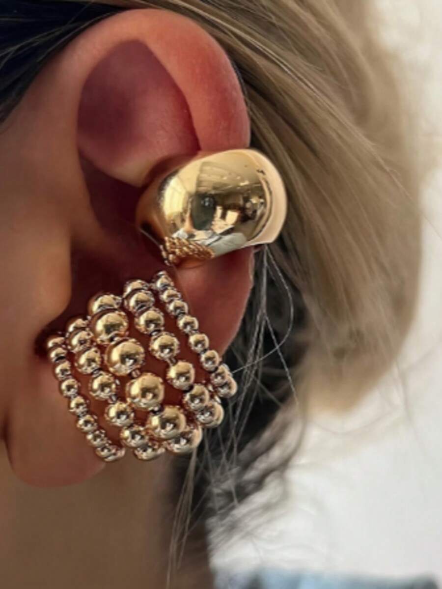 2pcs Set Minimalist Luxury Style, Fashionable Copper Ear Clips With Semi-Circle Bead, Valentine's Day Girlfriend Gift, Women's Date Gift, Suitable For Daily And Holiday Wear - Gold - View 1