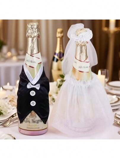2pcs Wedding Wine Bottle Decor Set, Bride Anniversary Tabletop Decor, Engagement Party Romantic Celebration Supplies, Elegant Wine Bottle Decoration