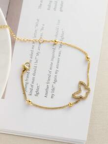 1pc Fashionable Niche Stainless Steel 18K Gold Four-Leaf Clover Micro-Inlaid Diamond Bracelet, Heart, Gourd, Butterfly 18K Gold Plated Chain Bracelet - Gold - View 7