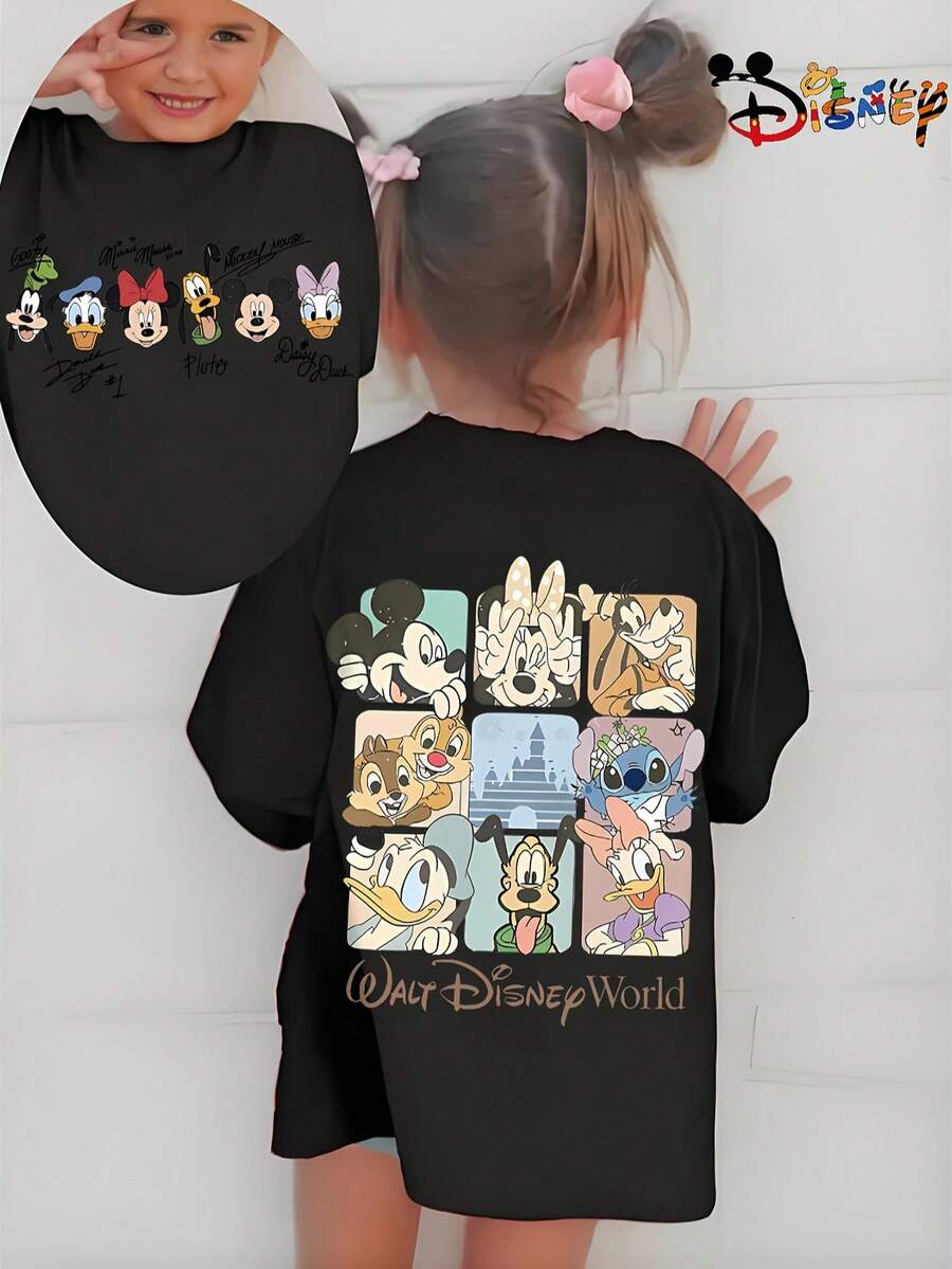 Disney Official Licensed Double-Sided Print T-Shirt For Girls, Adorable Character Collage With Mickey, Minnie, Donald, Daisy, Goofy, Pluto, Stitch, Chip 'n' Dale, Fun Fashionable Design, Lightweight Skin-Friendly Versatile Tee For Playdates And Family Outings - 黑色 - 查看 1