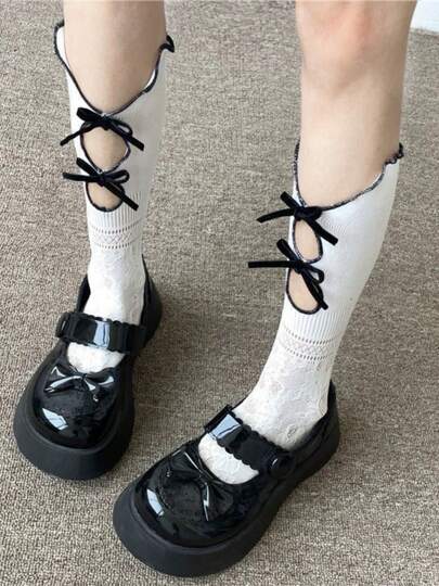 1双可爱甜美镂空双层蕾丝荷叶边腿套，蝴蝶结装饰短袜，透气少女/女士蕾丝中筒袜，弹力网眼镂空长袜，可爱蕾丝袜，薄网大花小腿袜，泡泡圆点芭蕾舞公主风袜子，春夏款