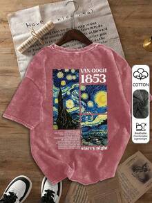 Van Gogh Starry Night Art Design Letter Print Retro Washed Women's T-Shirt, Casual Loose Fit, Summer And Autumn Top - Pink - View 3