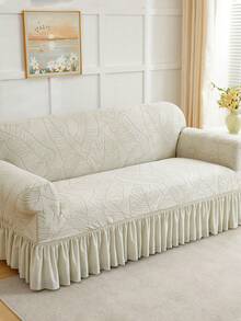 1pc Jacquard Leaf Pattern Ruffled Elastic Sofa Cover, Dust-Proof And Dirt-Resistant, Stretch-To-Fit Full Coverage Sofa Protector, Home Decor, Machine Washable, Pillow Cover Not Included - Light Grey - View 10