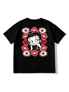 Whysmera SHEIN X Betty Boop 女士圆领卡通字母印花休闲百搭日常短袖T恤 - 黑色 - 查看 3
