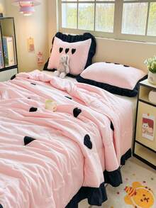 3pcs Heart Embroidery Bedding Set, Quilted Blanket And Pillowcase Coverlet - Pink - View 7