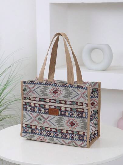 Túi tote vải jacquard dày dặn mới, túi đựng hộp cơm trưa dung tích lớn, thích hợp mang cơm trưa đi làm, dã ngoại, đựng đồ ăn trưa, có lớp cách nhiệt bằng giấy bạc, túi khóa kéo phía trước, túi đựng hộp cơm cách nhiệt, túi dã ngoại cần thiết cho kỳ nghỉ hè.