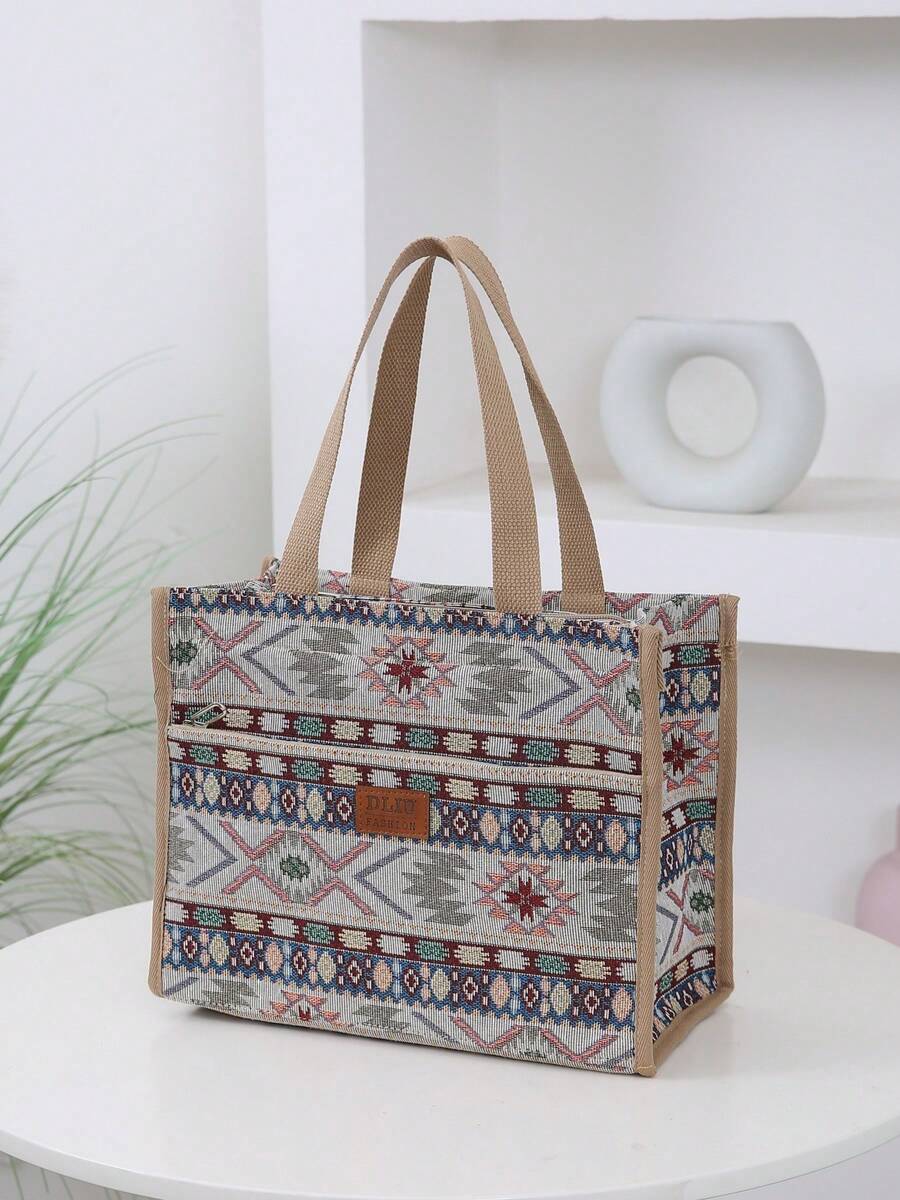 New Thick Knit Jacquard Fabric Handbag, Large Capacity Portable Lunch Box Storage Bag, Bento Bag, Lunch Bag, Suitable For Office Lunch, Outdoor Picnic, Lunch Box Storage, Aluminum Foil Insulation Layer Inside, Zipper Pocket In Front