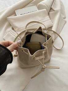 Women's Drawstring Mini Bucket Bag, Quilted Casual Outdoor Shoulder Bag - Khaki - View 5