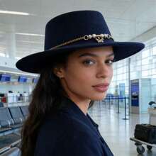 Men Women Felt Fedora Hat Stylish Decorative Butterfly Pendant Chain Design Panama Hat Wide Brim Jazz Cap - Dark Blue - View 5