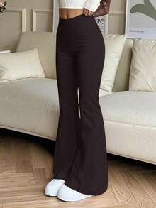 高腰弹力喇叭瑜伽裤，压缩紧身运动裤，适合运动、跑步、健身，透气速干，女士春季运动裤 - 棕色 - 查看 4