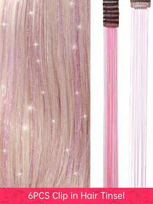 Hair Tinsel Kit Glitter Hair Tinsel Clip In Sparkling Shiny Fairy Hair Tinsel Hair Extensions For Halloween Christmas Party 22 Inch Pink 6PCS/PACK - Bạc - Xem 10