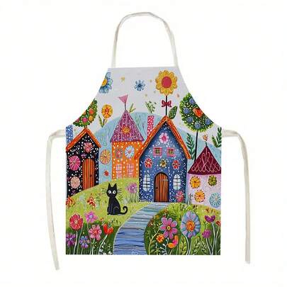 【Jit】卡通猫城堡图案围裙，1件装，适用于厨房、客厅、餐厅、酒店、户外烧烤等多种场合，大号围裙，100%涤纶材质，可机洗。