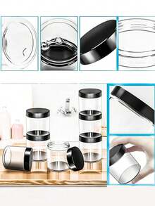 6个透明PET材质储物罐，带盖，容量50-500毫升，空塑料化妆品收纳罐 - 黑色 - 查看 2