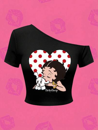 Whysmera SHEIN X Betty Boop ملابس علوية نسائية ذات طبعة تعاونية وياقة غير متماثلة - قطعة أزياء تكسر القاعدة، شخصية وأنيقة في الوقت نفسه
