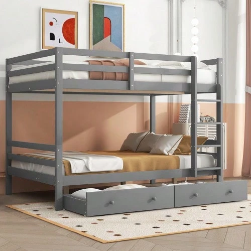 Bunk Bed, 140 X 200 Cm, Children's Bed With Drawers, Storage Space, High Guardrails, Grey - Grey - View 1