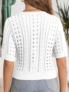 Women's Elegant Knit Sweater, Solid Color Hollow Knitwear, Ribbed Button Cardigan, Suitable For All Seasons, Daily Wear Vacation White Summer - White - View 3