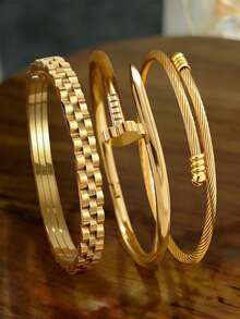 3件套18K镀金高品质不锈钢手链，女士首饰套装，包含链条、齿轮和四叶草设计，时尚百搭，适合日常佩戴、派对、节日、生日、婚礼、情人节和母亲节等场合作为礼物。 - 金色 - 查看 8