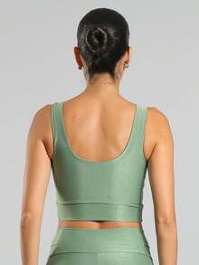 FITNATION Leggings Set With Waistband Pocket + Longline Cropped Top In Micro-Ribbed Fabric With SHINE And HIGH Elasticity And Support. - Verde Oliva - Ver 6