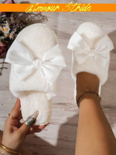 Women's Large Bow Solid Satin Elegant Bow Decor White Faux Fur Comfortable Bedroom Flat Slippers