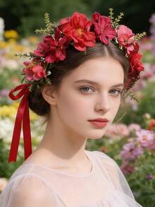 1件欧美风格人造花发箍，用途广泛，可用作新娘头饰、旅行摄影道具、节日造型、摄影拍摄和日常时尚点缀。 - 紅色 - 查看 6