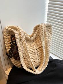 夏季海滩度假手提包，2023新款设计，大容量镂空编织单肩包，通勤两用 - 米色 - 查看 7